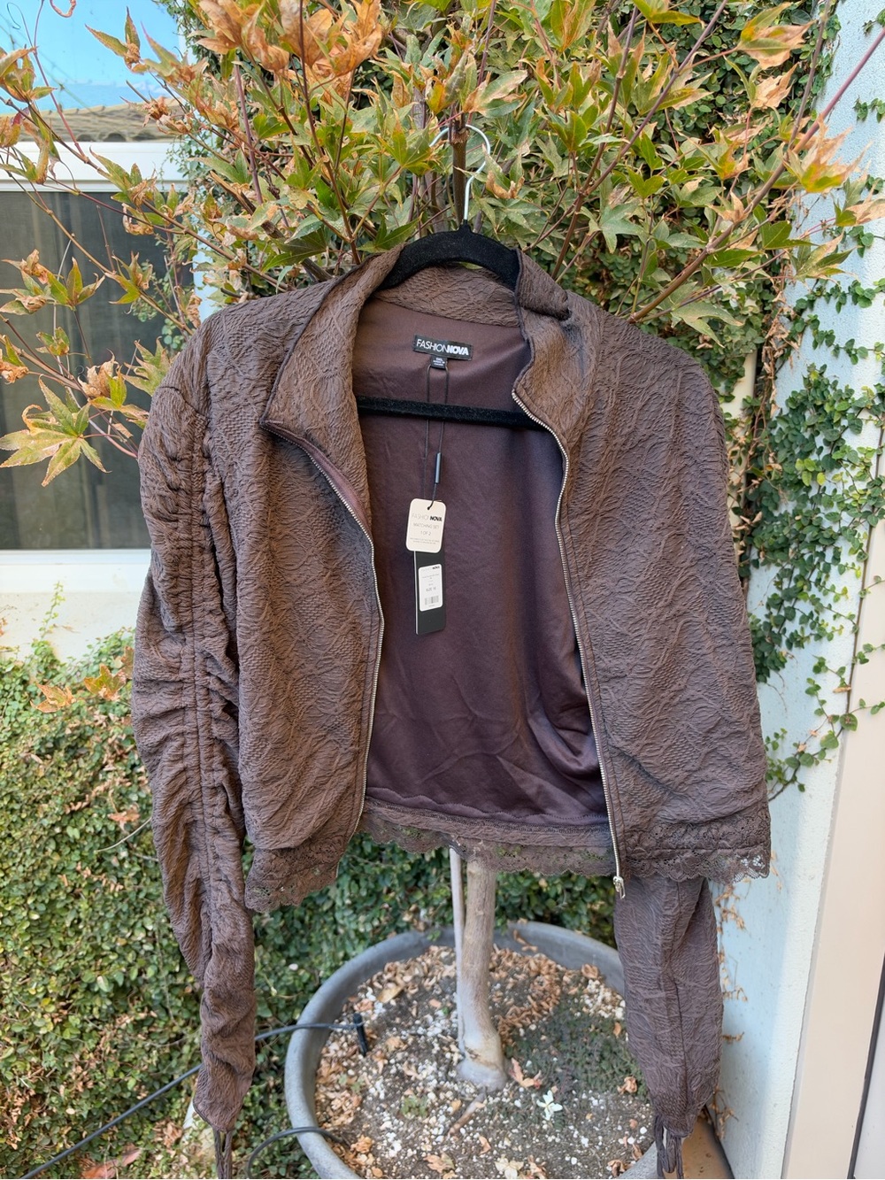 Fashion Nova Chocolate Brown Textured Bomber Jacket